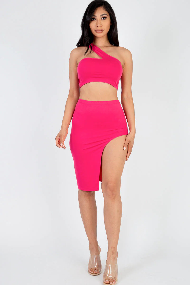 Sexy Solid One Shoulder Crop Top & Split Thigh Midi Skirt Set (CAPELLA)