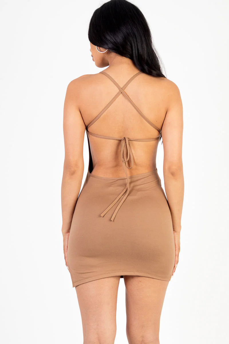 Sexy Solid Color Crisscross Open Back Cami Mini Bodycon Dress (CAPELLA)