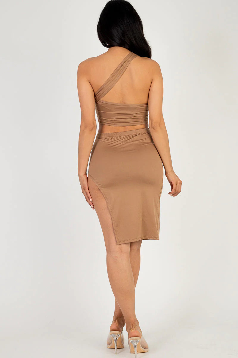 Sexy Solid One Shoulder Crop Top & Split Thigh Midi Skirt Set (CAPELLA)