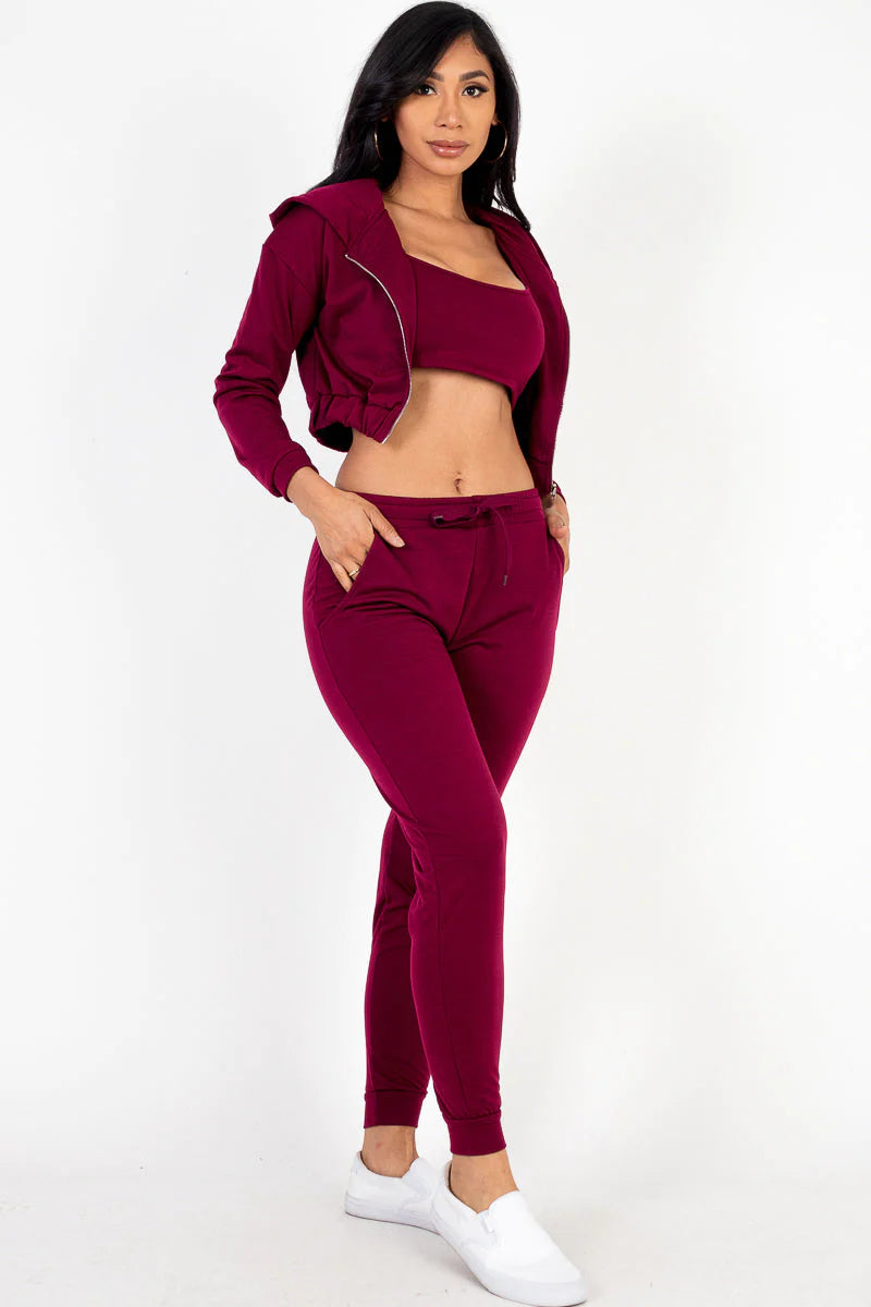 French Terry Cropped Cami with Zip-Up Jacket and Joggers Set (CAPELLA)