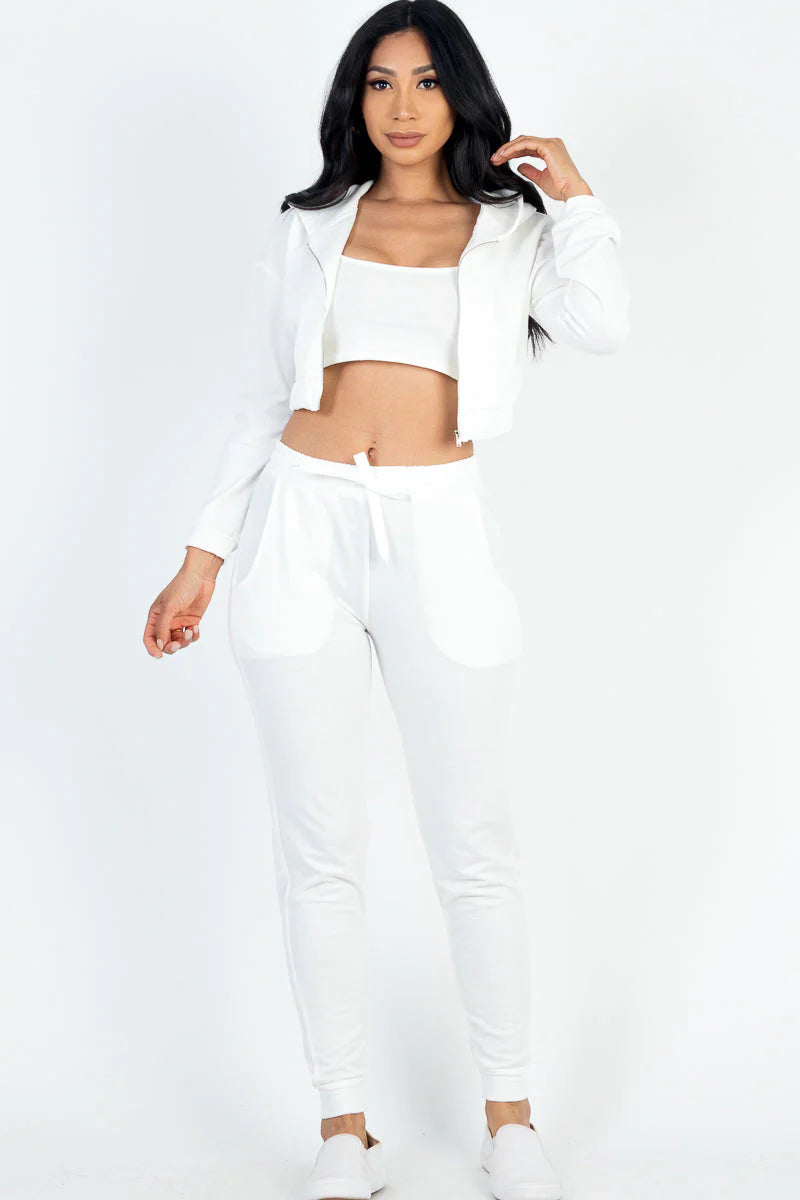 French Terry Cropped Cami with Zip-Up Jacket and Joggers Set (CAPELLA)