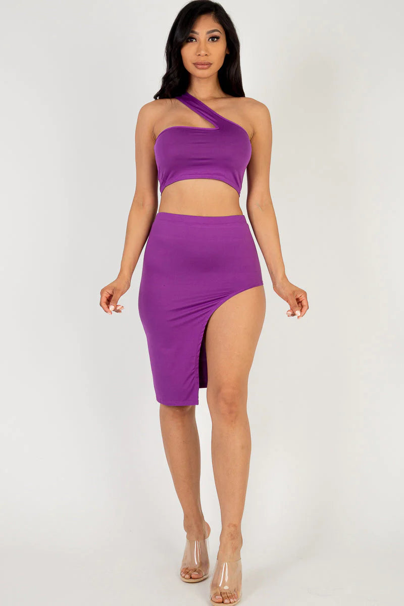 Sexy Solid One Shoulder Crop Top & Split Thigh Midi Skirt Set (CAPELLA)