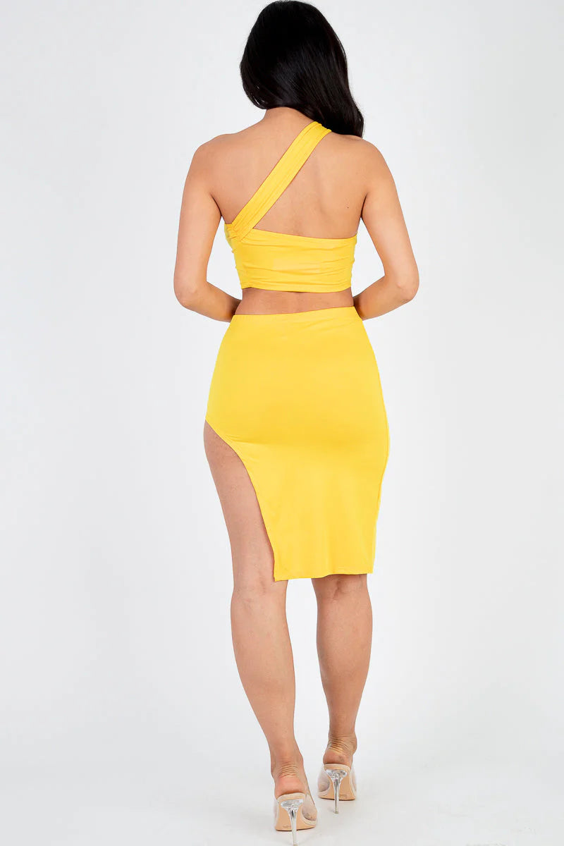 Sexy Solid One Shoulder Crop Top & Split Thigh Midi Skirt Set (CAPELLA)