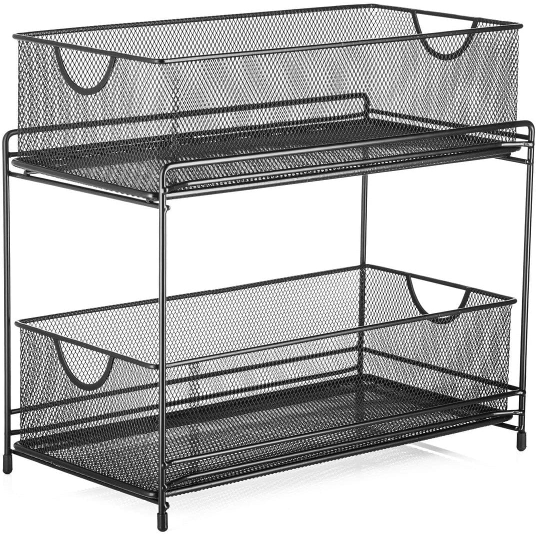 Premium 2-Tier Mesh Sliding Drawer Organizer for Bathroom, Pantry, and More - Space-Saving Design, Durable Steel Construction - 14" X 12.75" X 6.75" - Black