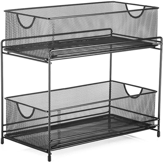 Premium 2-Tier Mesh Sliding Drawer Organizer for Bathroom, Pantry, and More - Space-Saving Design, Durable Steel Construction - 14" X 12.75" X 6.75" - Black