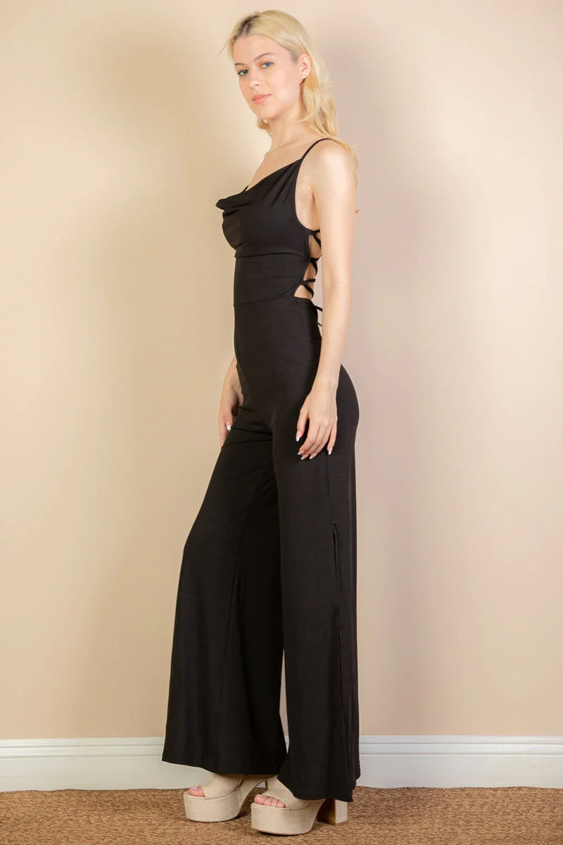 Ribbed Cowl Neck Backless Split Wide Leg Jumpsuit (CAPELLA)