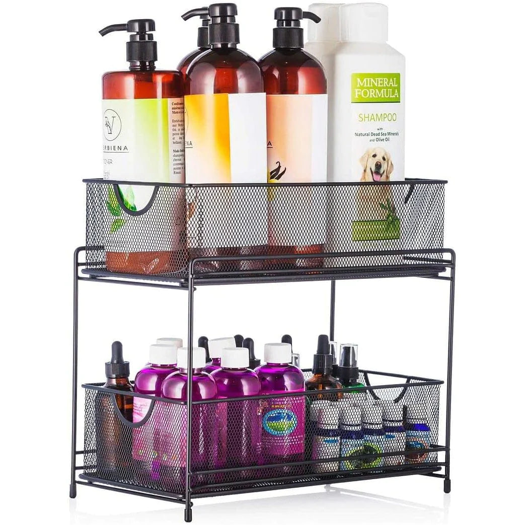 Premium 2-Tier Mesh Sliding Drawer Organizer for Bathroom, Pantry, and More - Space-Saving Design, Durable Steel Construction - 14" X 12.75" X 6.75" - Black