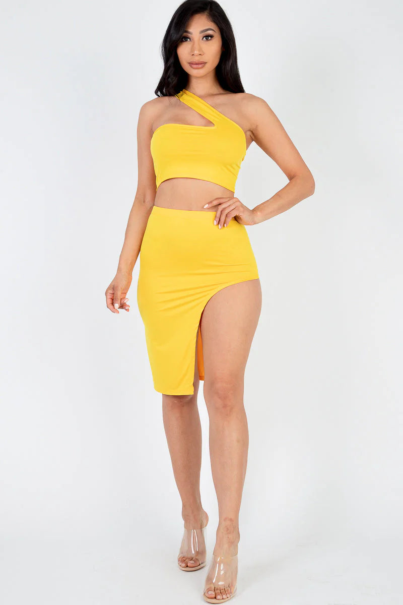 Sexy Solid One Shoulder Crop Top & Split Thigh Midi Skirt Set (CAPELLA)