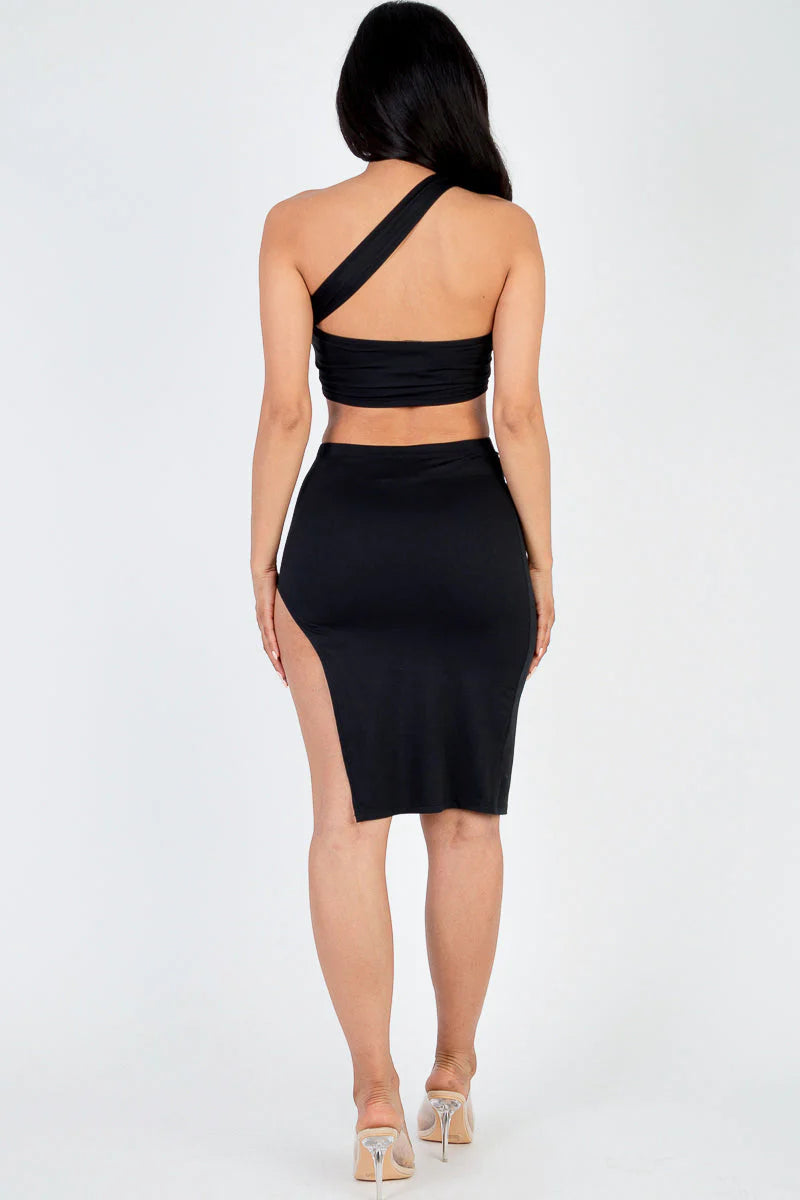 Sexy Solid One Shoulder Crop Top & Split Thigh Midi Skirt Set (CAPELLA)