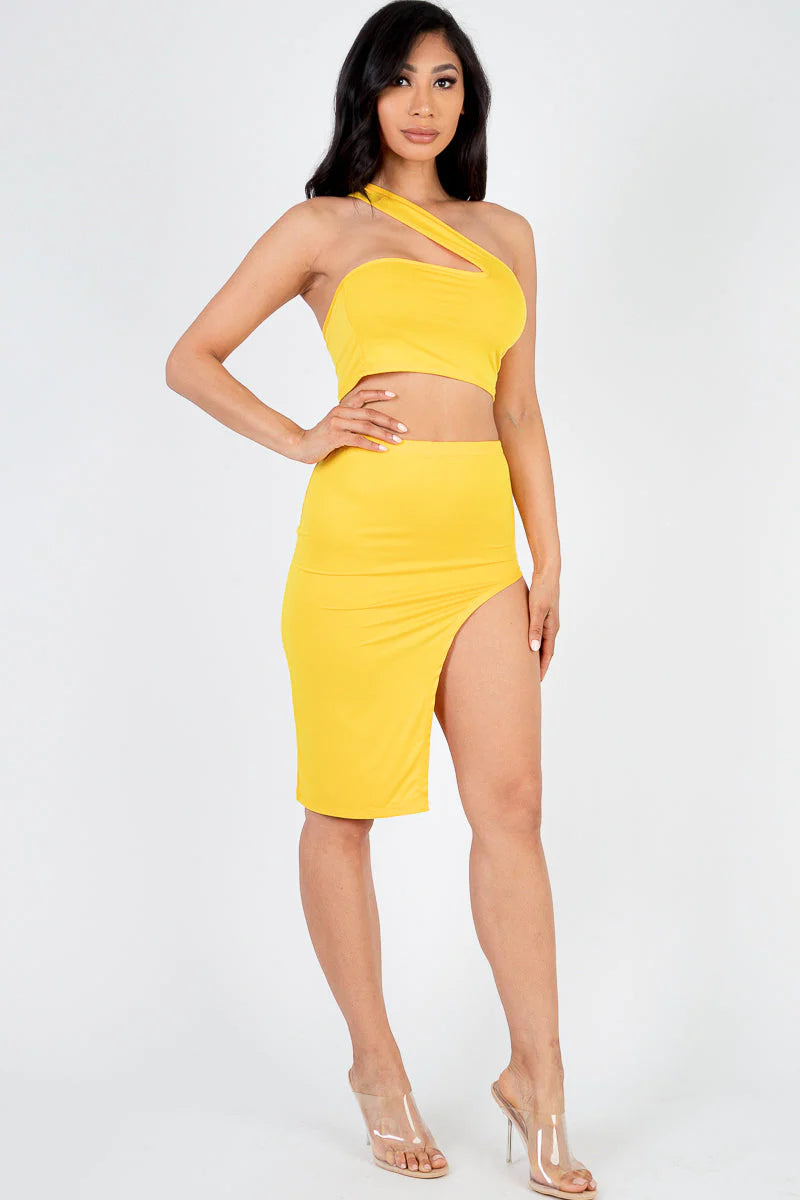 Sexy Solid One Shoulder Crop Top & Split Thigh Midi Skirt Set (CAPELLA)