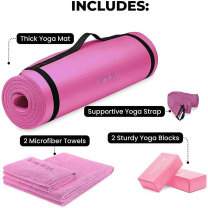 Yoga Mat Set - Complete Yoga Starter Kit with Thick Mat, Blocks, Strap, and Cooling Towels