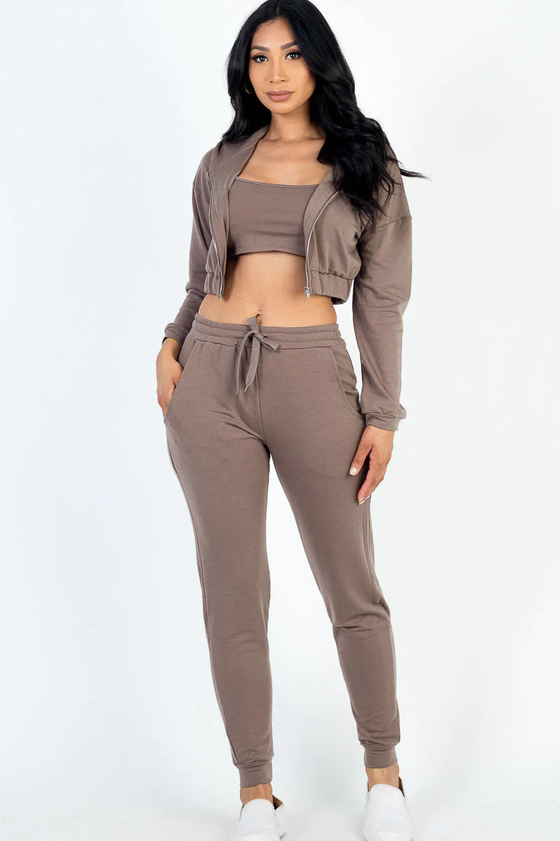 French Terry Cropped Cami with Zip-Up Jacket and Joggers Set (CAPELLA)