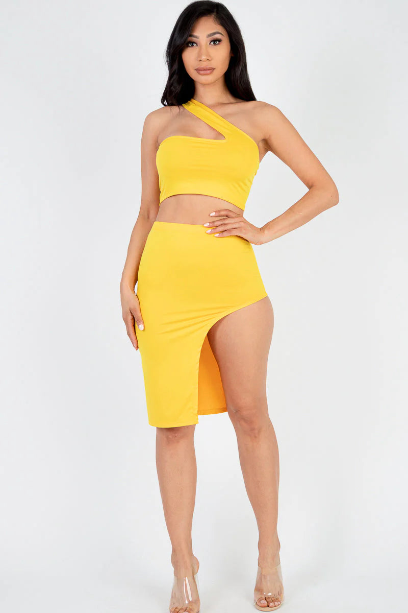 Sexy Solid One Shoulder Crop Top & Split Thigh Midi Skirt Set (CAPELLA)