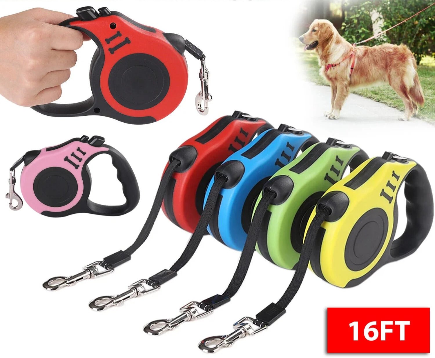 16.5FT Automatic Retractable Dog Leash Pet Collar Automatic Walking Lead Free US