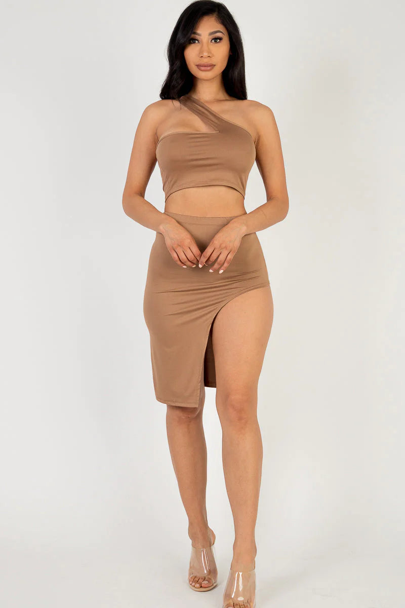 Sexy Solid One Shoulder Crop Top & Split Thigh Midi Skirt Set (CAPELLA)