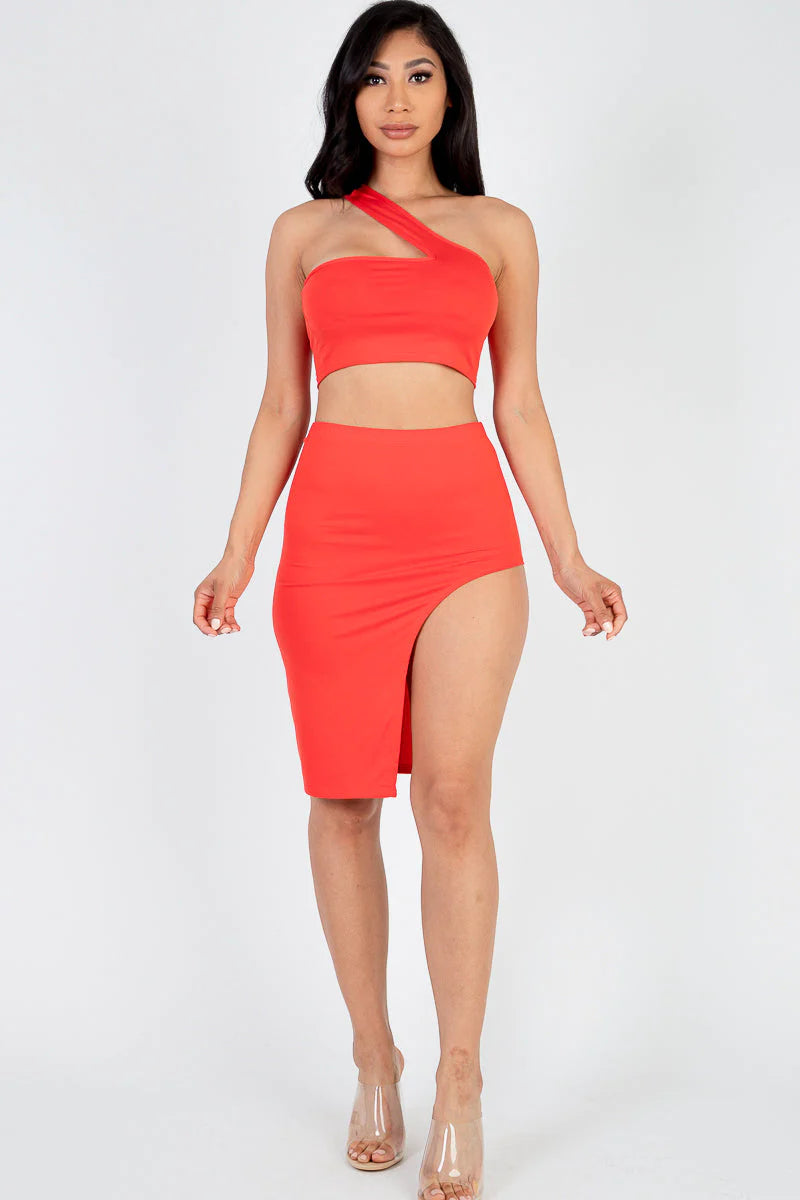 Sexy Solid One Shoulder Crop Top & Split Thigh Midi Skirt Set (CAPELLA)