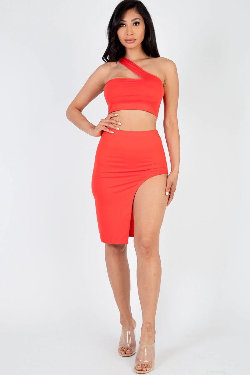 Sexy Solid One Shoulder Crop Top & Split Thigh Midi Skirt Set (CAPELLA)