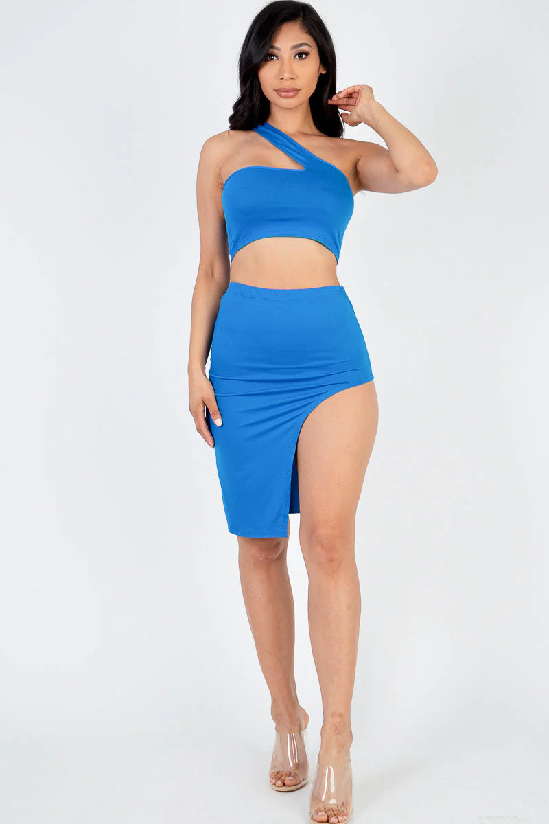 Sexy Solid One Shoulder Crop Top & Split Thigh Midi Skirt Set (CAPELLA)