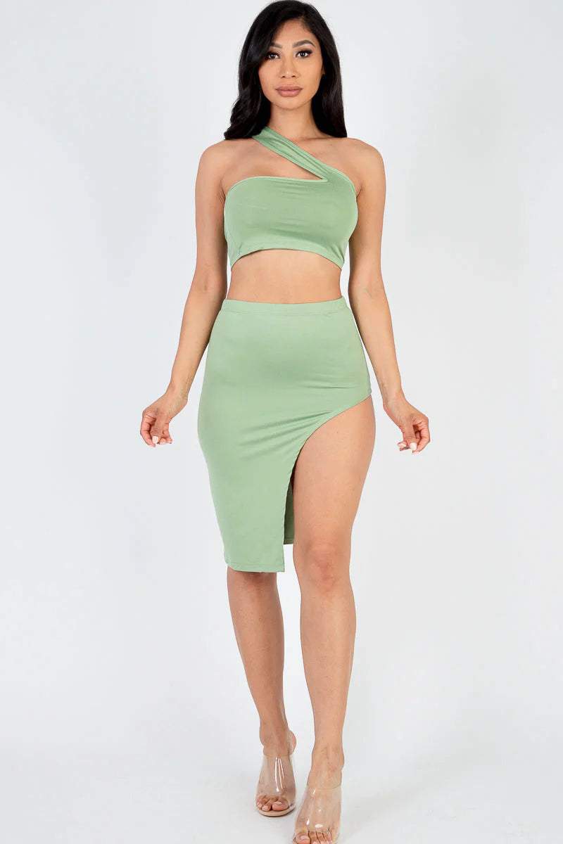 Sexy Solid One Shoulder Crop Top & Split Thigh Midi Skirt Set (CAPELLA)