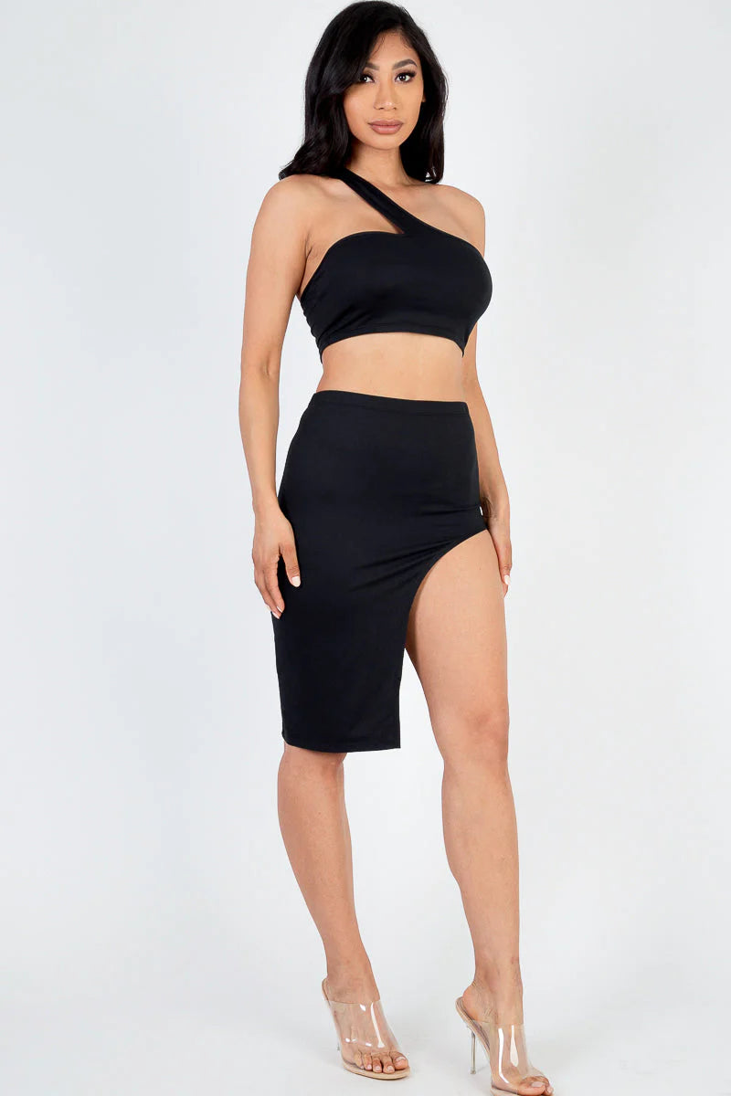 Sexy Solid One Shoulder Crop Top & Split Thigh Midi Skirt Set (CAPELLA)