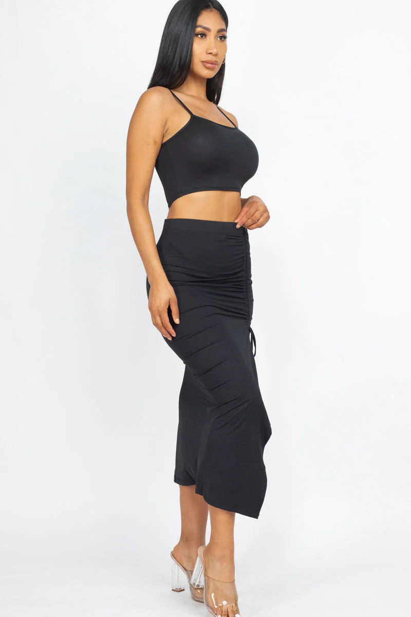 Cami Crop Top & Ruched Side Split Hem Midi Skirt Set (CAPELLA)