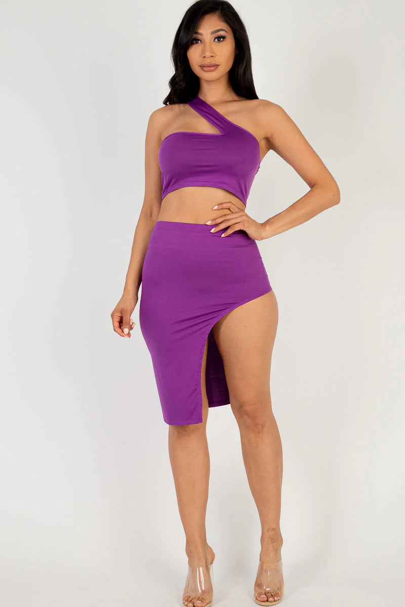 Sexy Solid One Shoulder Crop Top & Split Thigh Midi Skirt Set (CAPELLA)