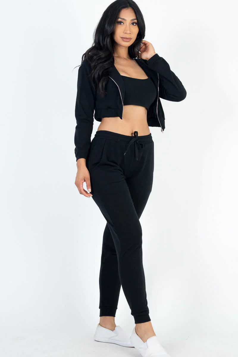 French Terry Cropped Cami with Zip-Up Jacket and Joggers Set (CAPELLA)