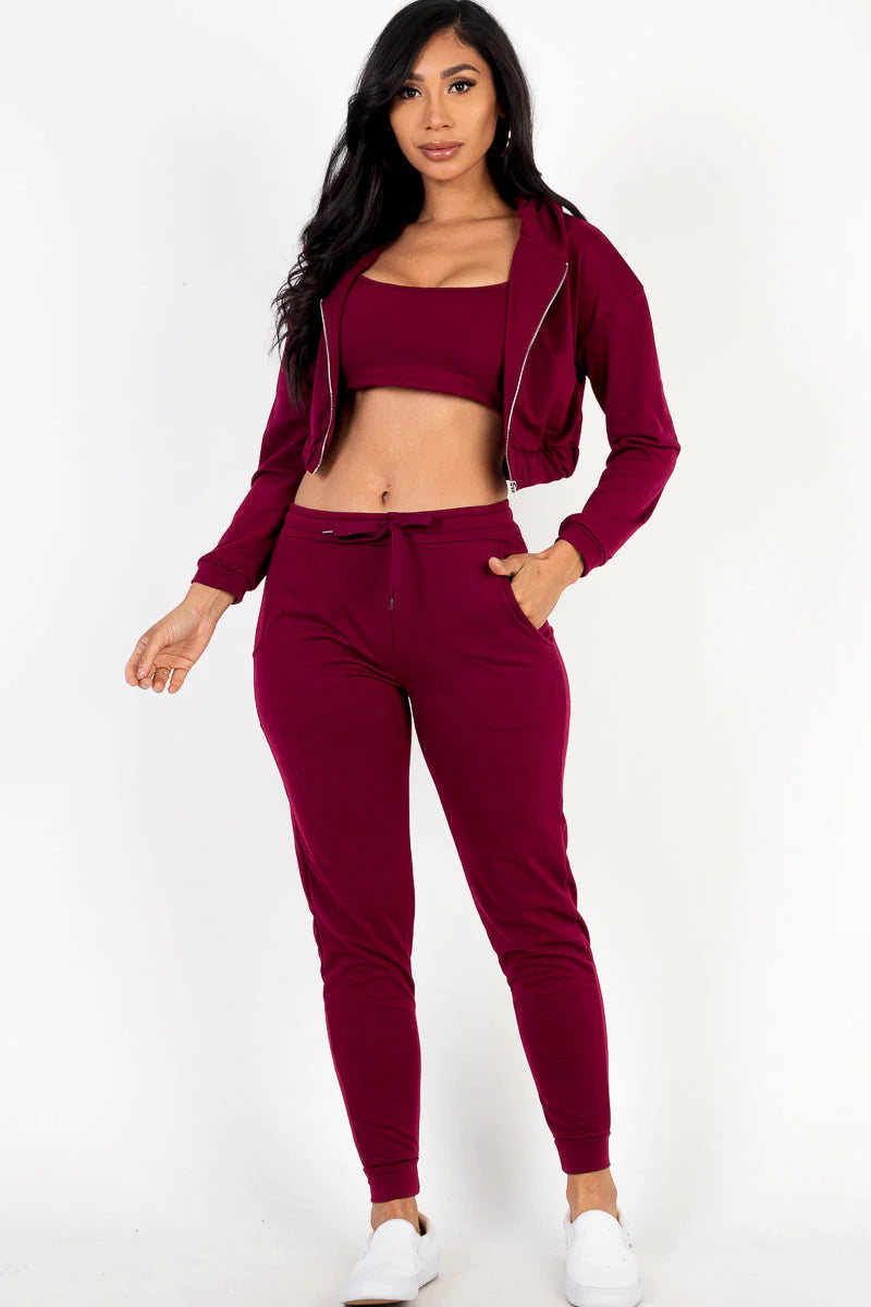 French Terry Cropped Cami with Zip-Up Jacket and Joggers Set (CAPELLA)