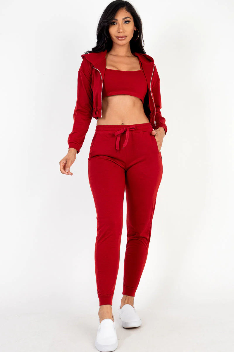 French Terry Cropped Cami with Zip-Up Jacket and Joggers Set (CAPELLA)