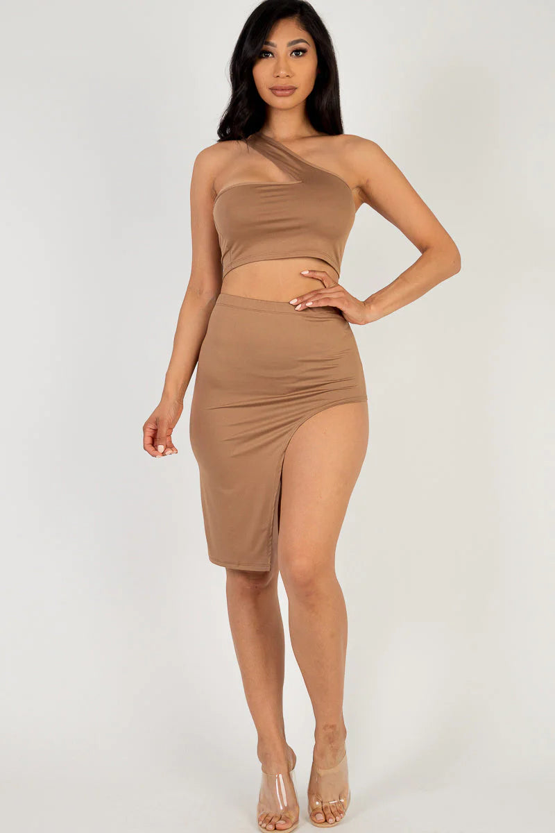 Sexy Solid One Shoulder Crop Top & Split Thigh Midi Skirt Set (CAPELLA)