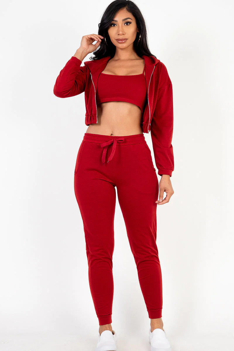 French Terry Cropped Cami with Zip-Up Jacket and Joggers Set (CAPELLA)