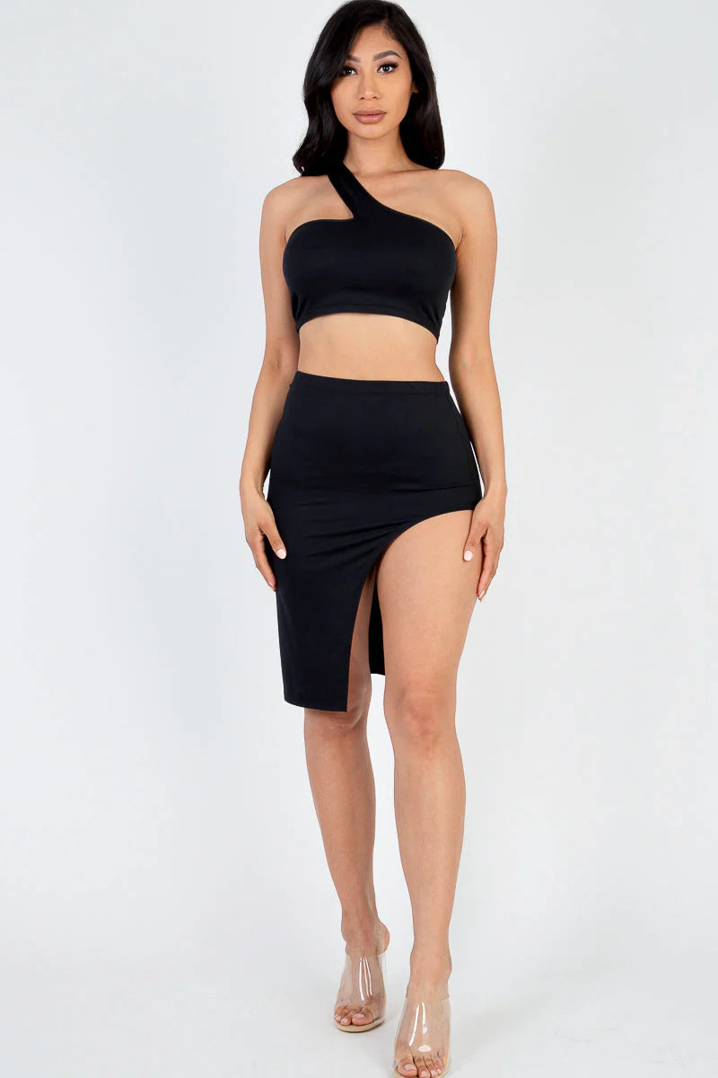 Sexy Solid One Shoulder Crop Top & Split Thigh Midi Skirt Set (CAPELLA)